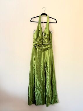 Vintage 90s Satin Slip Green Prom Dress Halter Rouched Maxi Gown Size 13/14